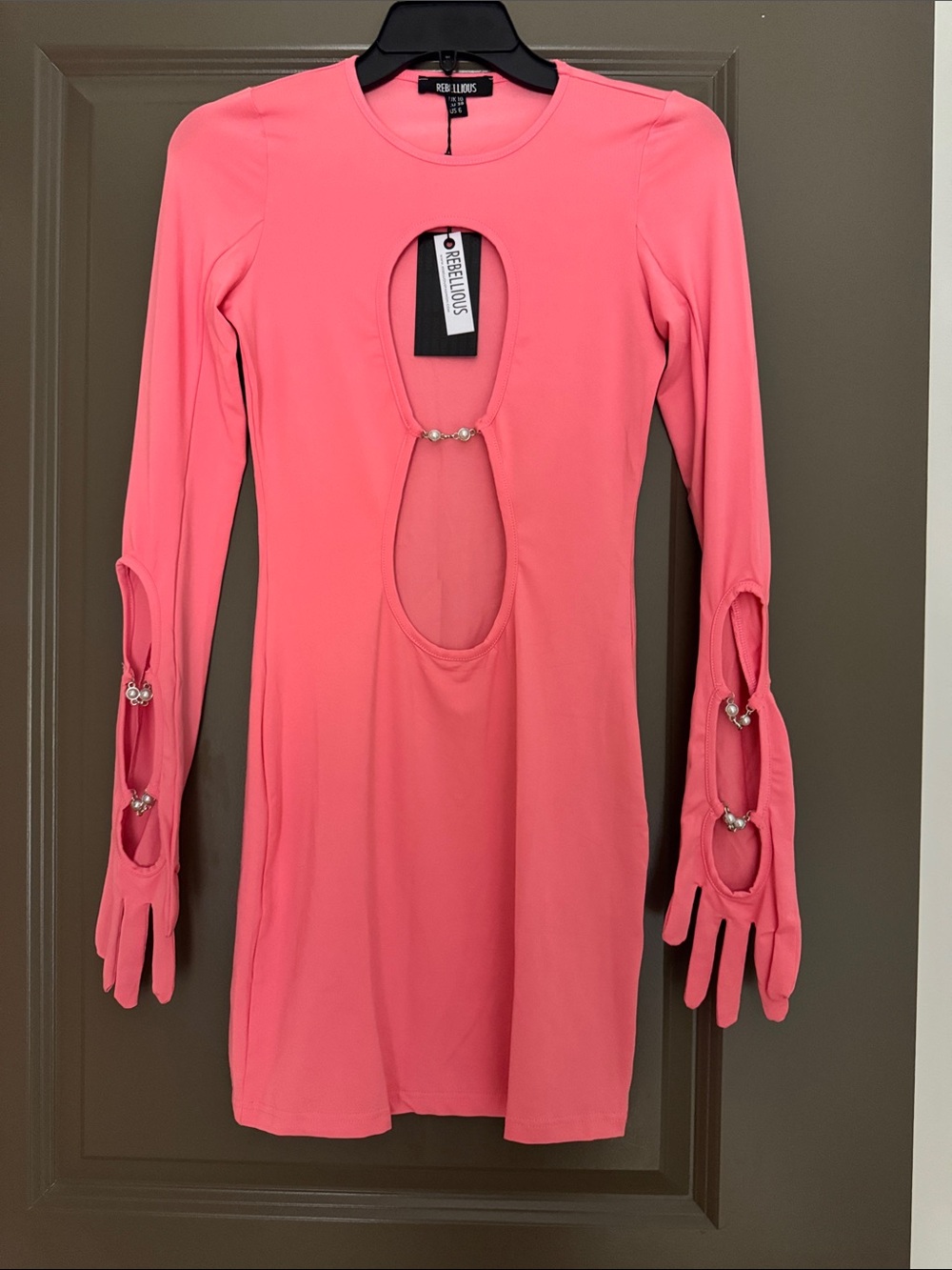 Rebellion Coral Pink Long Sleeve Cutout Mini Dress